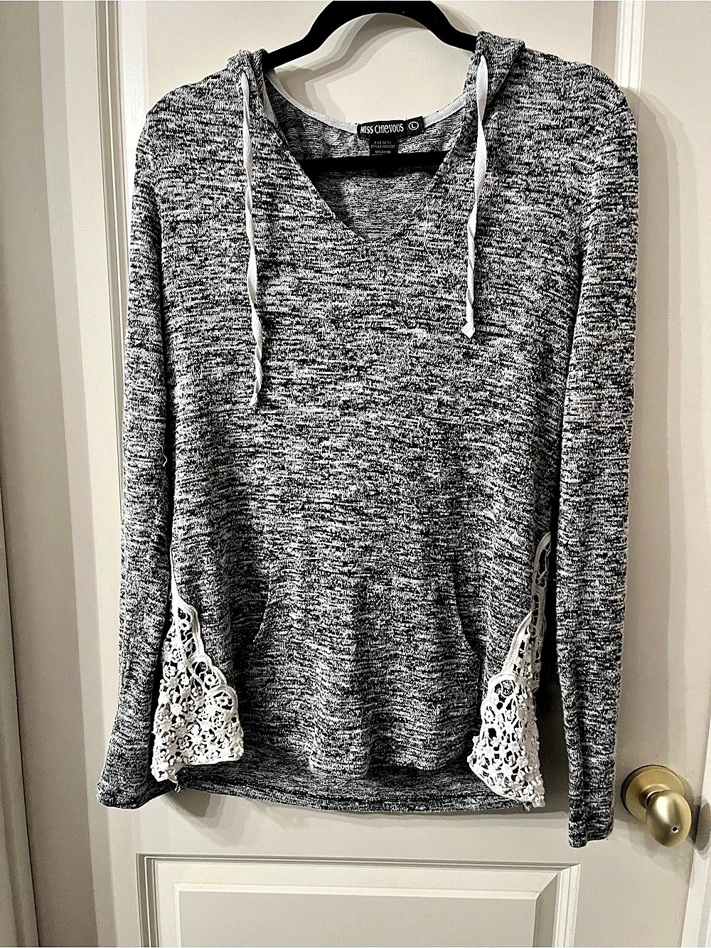 Miss Chievous Hooded Pullover with Lace Pockets in Gray & Black Size Large